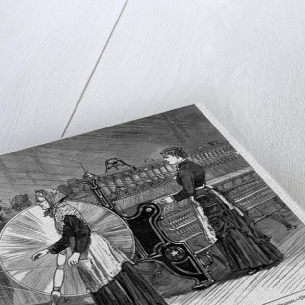The Atlanta International Cotton Exposition - Spinning, old and new styles. From a sketch by Horace Bradley by Anonymous