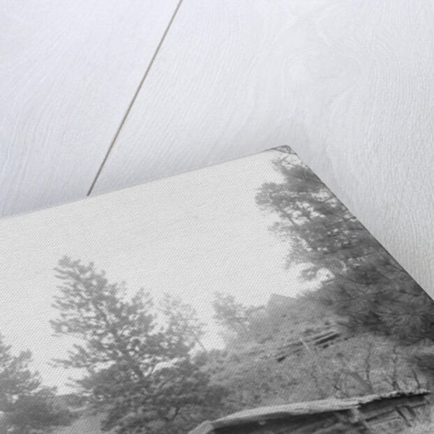 Man Standing in Front of Log Cabin by Anonymous