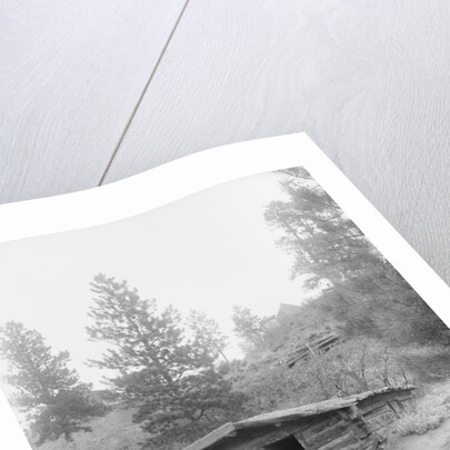 Man Standing in Front of Log Cabin by Anonymous