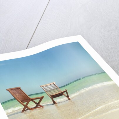 Pair of Wooden Lounge Chairs on Beach by Anonymous