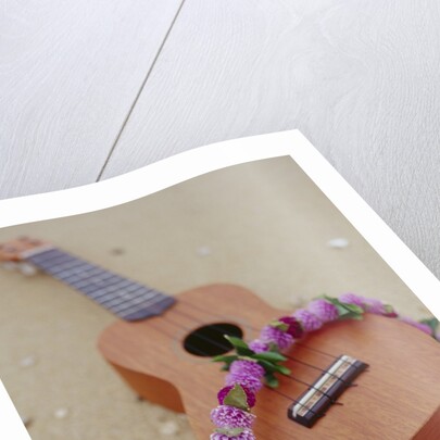 Ukelele and garland, elevated view by Anonymous