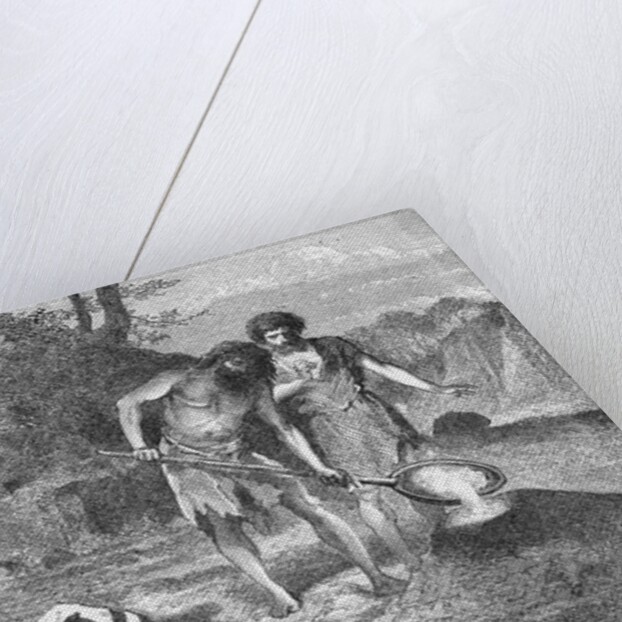 Woodcut Illustration of Prehistoric Men Casting Swords by Anonymous