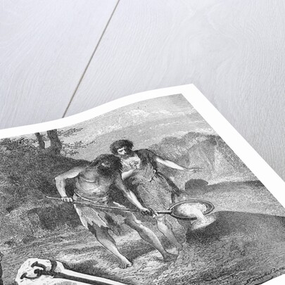 Woodcut Illustration of Prehistoric Men Casting Swords by Anonymous