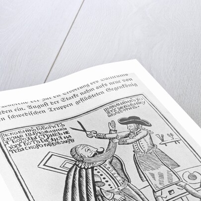 Woodcut of Peter the Great cutting the beard of a boyar by Anonymous