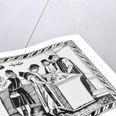 15th-Century Woodcut of an Italian Banking House by Anonymous