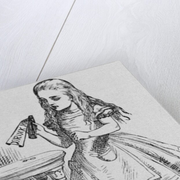 Illustration Depicting Alice Holding the Bottle Labelled "Drink Me" by John Tenniel