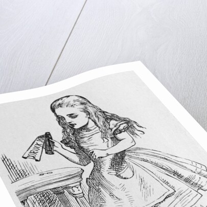Illustration Depicting Alice Holding the Bottle Labelled "Drink Me" by John Tenniel