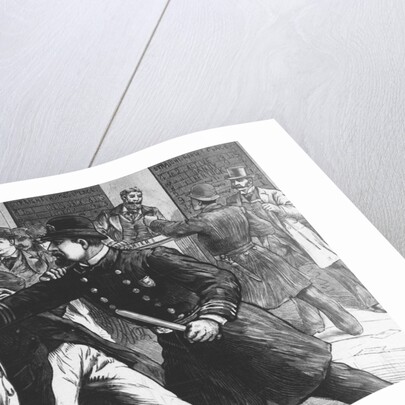 Woodcut Print of Police Raiding Bookie Room by Anonymous