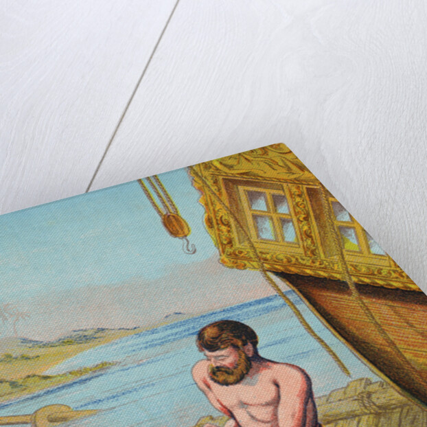 Book Illustration of Robinson Crusoe Tying Together a Raft by Anonymous