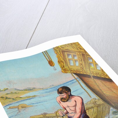 Book Illustration of Robinson Crusoe Tying Together a Raft by Anonymous