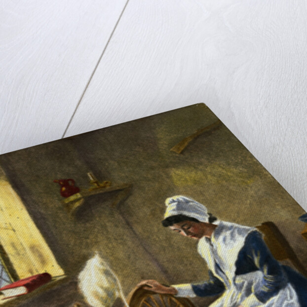 Woman Reading While Spinning at Wheel by Anonymous