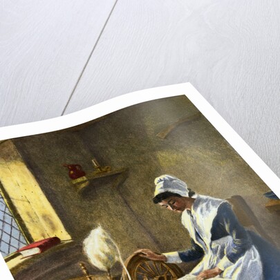 Woman Reading While Spinning at Wheel by Anonymous