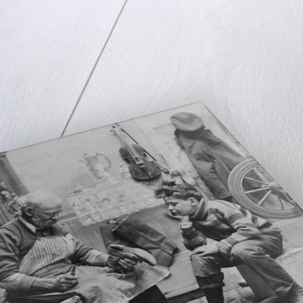 Shoemaker Preparing Shoes for Young Boy by Anonymous