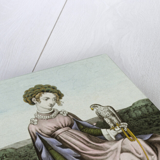 Engraving of Noblewoman With Falcon and Dog by Anonymous