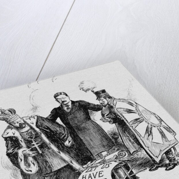Cartoon Depicting President Teddy Roosevelt Speaking to the Russian Czar and Japanese Emperor by Anonymous