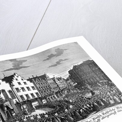 Paying Homage to Emperor Francis I in Romerberg Square Engraving by W.C. Mayr After a Drawing by Johann Georg Funck