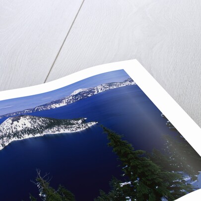 Snow Covered Wizard Island on Crater Lake by Anonymous