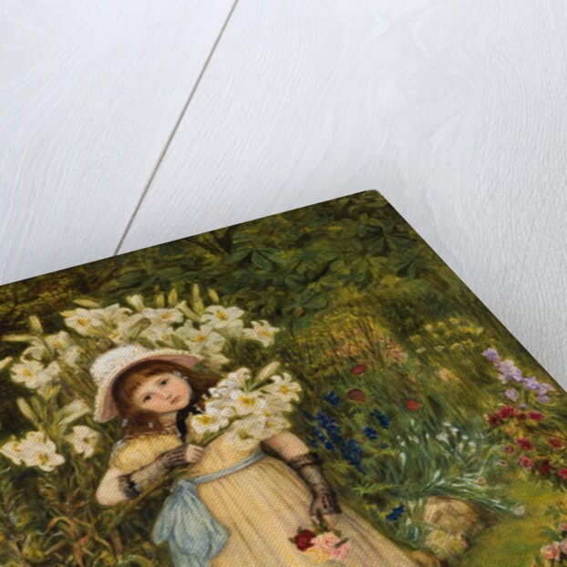 Portrait of Effie Holding a Lily and a Posy of Roses in a Garden by Marie Spartali Stillman