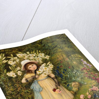 Portrait of Effie Holding a Lily and a Posy of Roses in a Garden by Marie Spartali Stillman