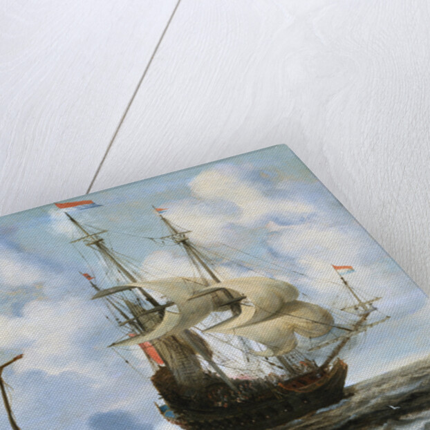 Peasants Skirmishing on a Jetty with a Man-Of-War Firing a Salute Offshore by Cornelis Pietersz de Mooy