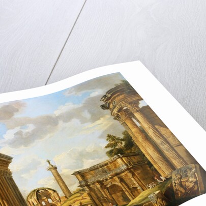 Capricci of Classical Ruins with the Arch of Septimus Severus, Trajan's Column and the Maison Carree, with Philosophers Discoursing and Figures Strolling by School of Giovanni Paolo Panini