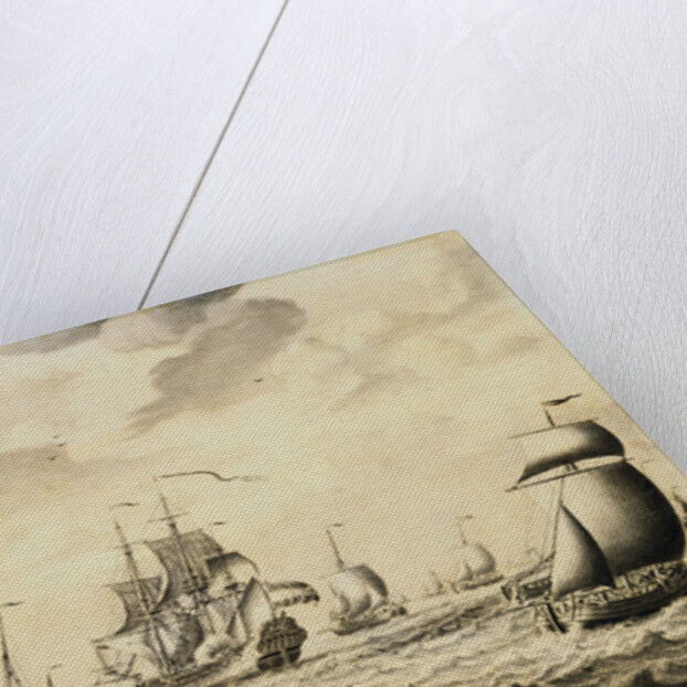 A Dutch Man-of-War Firing a Salute, with a Flotilla of Fishing Boats and Other Shipping Beyond - a Penschilderij by Abraham van Salm