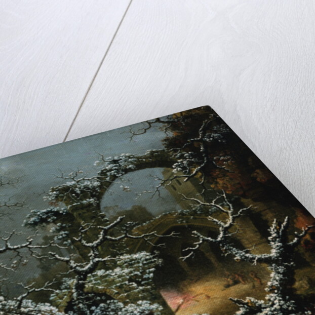 A Snowy Winter Landscape with Woodcutters and Figures Before a Bonfire in a Gothic Ruin by Jules Cesar Denis van Loo