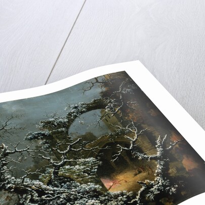 A Snowy Winter Landscape with Woodcutters and Figures Before a Bonfire in a Gothic Ruin by Jules Cesar Denis van Loo