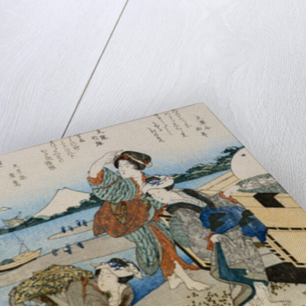 Kakuban Surimono Diptych Women and Boys Gathering Clams on the Seashore Near Enoshima by Katsushika Taito II