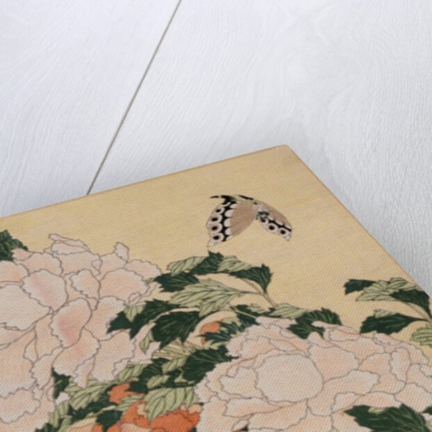 Pink and Red Peonies Blown to the Left in a Breeze and a Butterfly by HOKUSAI