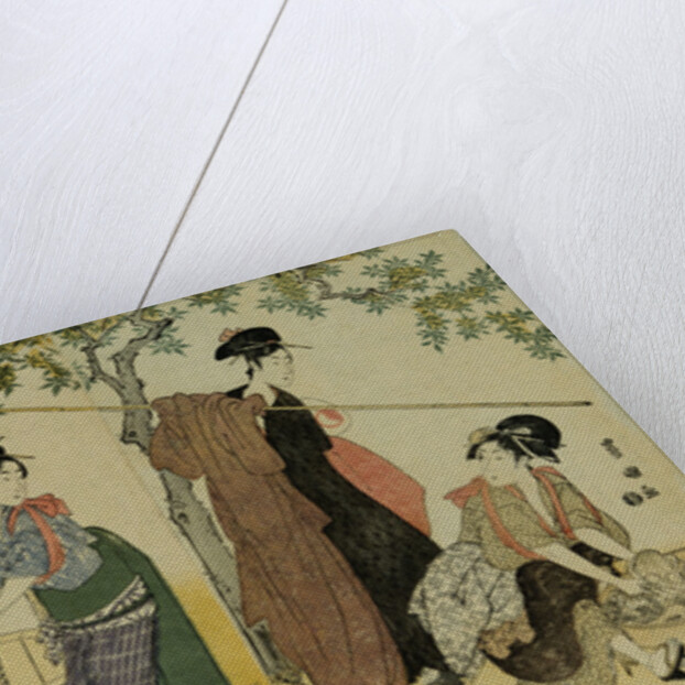 A Triptych of Girls Washing and Stretching Cloth Under the Trees by Toyokuni