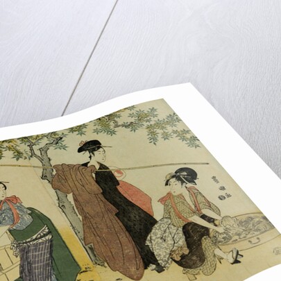 A Triptych of Girls Washing and Stretching Cloth Under the Trees by Toyokuni