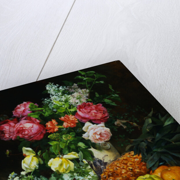 Painting of Roses in a Vase, Pears in a Porcelain Bowl and Fruit on an Oak Table by Anonymous