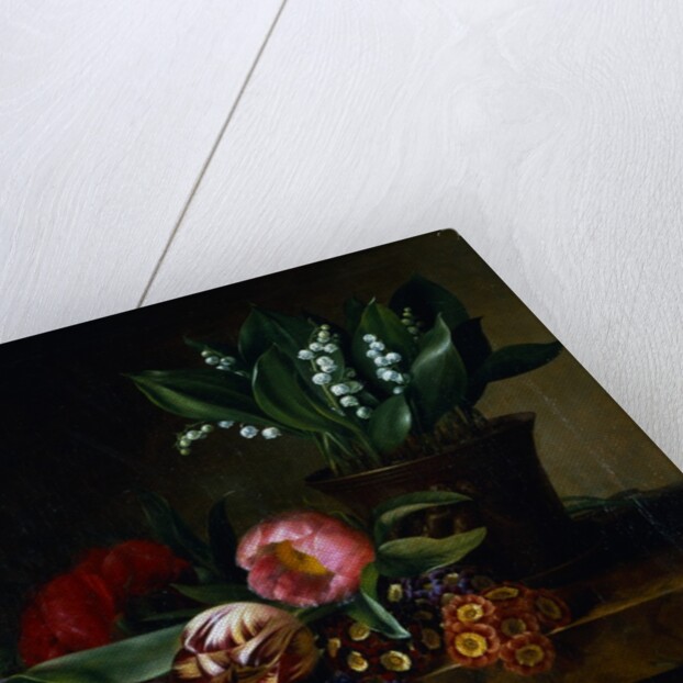 Painting of a Lily of the Valley, Tulips, Primula and Other Flowers on a Ledge by Hanne Hellesen