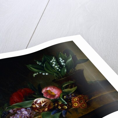 Painting of a Lily of the Valley, Tulips, Primula and Other Flowers on a Ledge by Hanne Hellesen