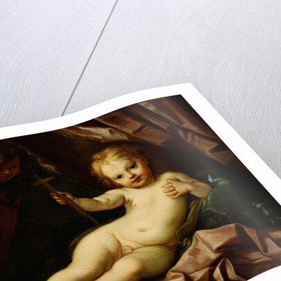 The Infant Christ Reclining Before a Red Curtain, with Two Angels by Giovanni Andrea Sirani