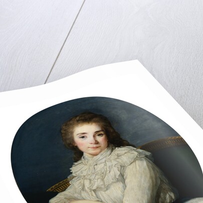 Portrait of a Lady Wearing a White Dress Tied With a Blue Sash On a Sofa by Angelica Kaufmann