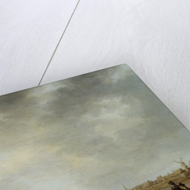 Painting of a River Landscape with Sailing Vessels, a Rowing Boat and Sportsmen on a Jetty by Aelbert Cuyp