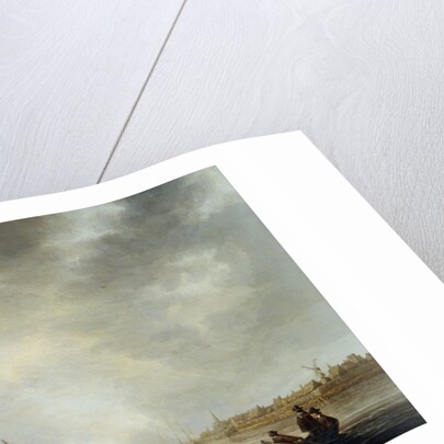 Painting of a River Landscape with Sailing Vessels, a Rowing Boat and Sportsmen on a Jetty by Aelbert Cuyp