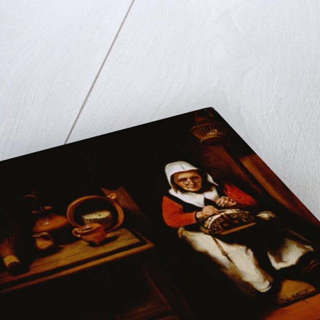 Painting of an Old Woman Making Lace in a Kitchen by Nicolaes Maes