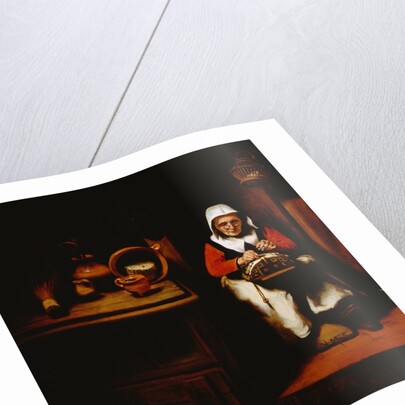 Painting of an Old Woman Making Lace in a Kitchen by Nicolaes Maes