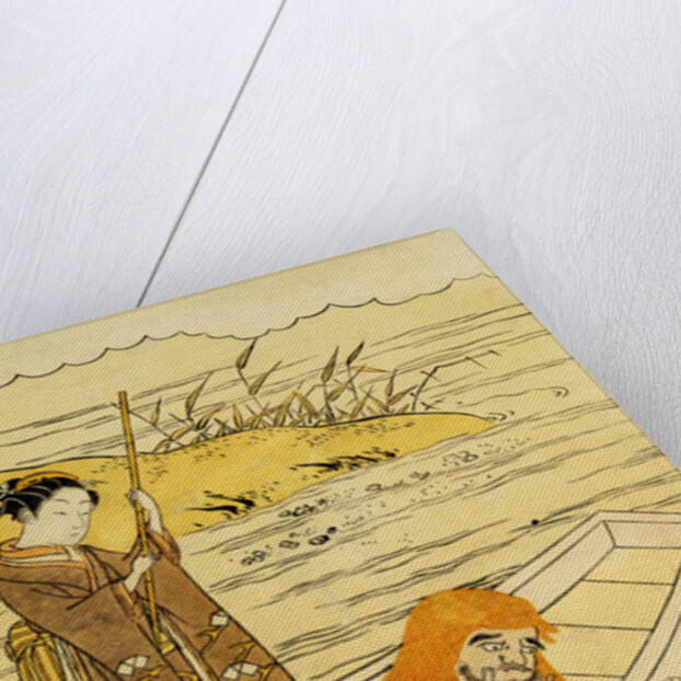 Daruma Shaving in a Boat, Watching His Reflection in the Stream, a Beauty Poling the Boat by Harunobu