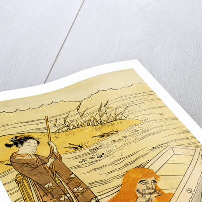 Daruma Shaving in a Boat, Watching His Reflection in the Stream, a Beauty Poling the Boat by Harunobu