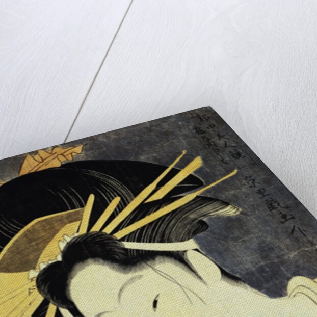 The Courtesan Kashiku of the Tsuruya Holding in Her Teeth an End of Cloth Draped Around Her Bare Shoulder by Eiri