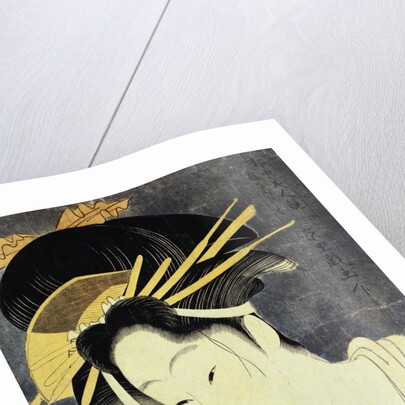 The Courtesan Kashiku of the Tsuruya Holding in Her Teeth an End of Cloth Draped Around Her Bare Shoulder by Eiri