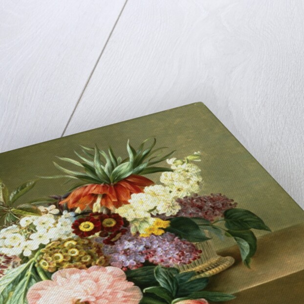 Iris, Lilac, Primulae and Blossom in a Basket by Johan Laurentz Jensen