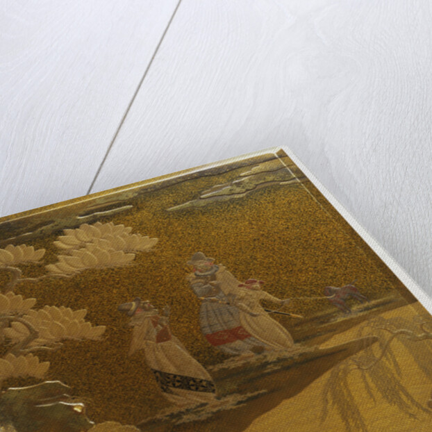 Lacquer Namban Suzuribako Decorated in Gold, Silver, Red and Black, with Cover Design Depicting Two Portuguese in Typical Costume and an Attendant by Anonymous