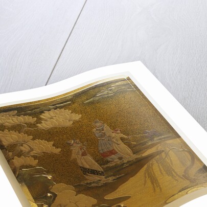 Lacquer Namban Suzuribako Decorated in Gold, Silver, Red and Black, with Cover Design Depicting Two Portuguese in Typical Costume and an Attendant by Anonymous