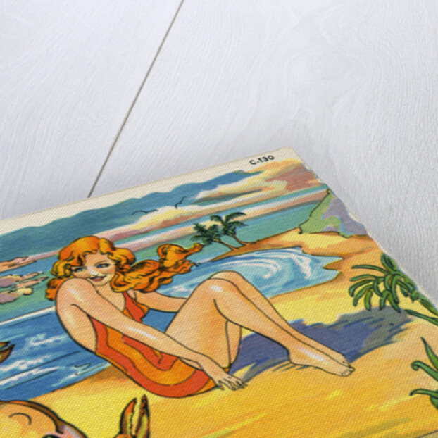 Illustration of Woman and Crab on Beach by Anonymous