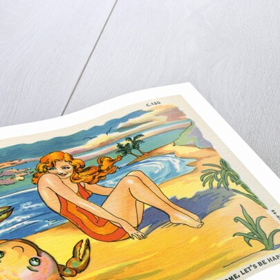Illustration of Woman and Crab on Beach by Anonymous